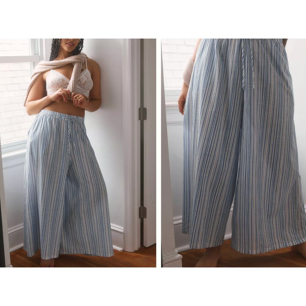 By Anthropologie Striped Blue and White Wide-Leg Pants. Xlarge